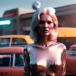 Ultra Realistic retro sci-fi, Supermarket parking scene, 1960 year, blonde woman, sweet young Kate moss face, x ray lights eyes, face makeup, tight latex coat, levitating cars, many panic people, Retro sci-fi style, soft color, highly detailed, unreal engine 5, ray tracing, RTX, lumen lighting, ultra detail, volumetric lighting, 3d, finely drawn, high definition, high resolution.