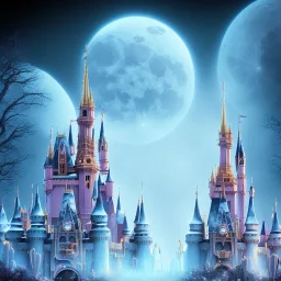 disney castle dark Magic on the moon, tron, 8k, finely detailed, photo realistic