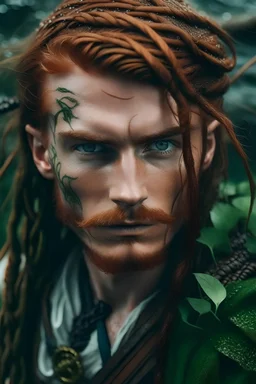 determined wet pirate nereid male with auburn hair and seaweed braid