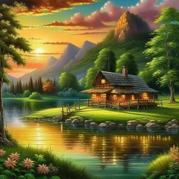 An exquisite oil painting capturing a dreamlike paradise, with a charming little farmhouse nestled by a calm lake. The farmhouse, with its rustic appeal, contrasts against the serene water, surrounded by a lush, verdant forest and rolling hills. The background unfolds into a dramatic landscape, featuring towering mountains and a stunning sunset sky that casts warm, vibrant hues across the scene. The artist's mastery is evident in the seamless blend of traditional oil painting techniques with the