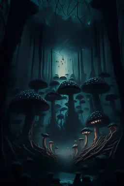 scary dark mushroom city in the forest