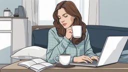 a woman lying under a bed and working on a laptop, she has half-length brown hair and wearing pajamas , pale light, half socks and a mug of coffee next to her, high detalied, sharp focus, perfect shot