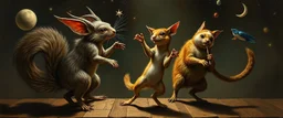 squirrel gremlin dog bison badger star ship bridge captain dancing in the style of Rembrandt and Escher