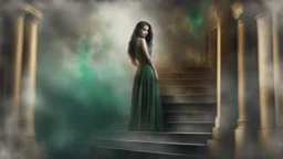 old canvas, layered, mixed media, embossed, double exposure, light watercolor, glitter, medium ground, depth of field, brightness, highlights, light effects, gothic woman portrait, gold shards, staircase, ancient castle, gray green fragments, fuzziness, layered, blending, textured, 3D, 8K, best quality, fine rendering, precise rendering, high detail, hyperrealism, high resolution, high definition, multilayered, pinpoint sharpness, hyperfocus, vignette, textured painting