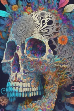 Artwork "freeing the ghost from the machine"; a trephined skull growing fractals made of mixed media such as feathers, foliage, flowers, and gemstones out of the opening; optical art; surreal; quilling, masterpiece, Intricate, provocative, psychedelic, Magnificent.
