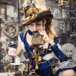  steampunk girl serving Black and blue lemonade tea in a cup