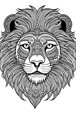 lion face pattern, black and white coloring book drawing, only thin outlines, no grayscale, no shadows, for adult coloring book