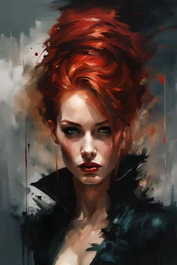 muscular stunning tall russian woman 24yo with red hair pulled back, in a Halloween pinup poster : dark mysterious esoteric atmosphere :: digital matt painting with rough paint strokes by Jeremy Mann + Carne Griffiths + Leonid Afremov, black canvas