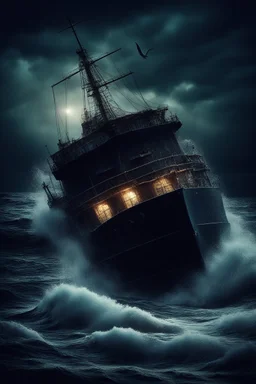 A ship sinking with high waves a and stormy weather Scary siren in the dark ocean, night