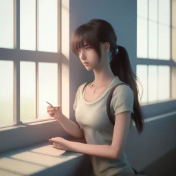 female student studying by the window, anime style,perfect face, cool face, unreal engine 5, cinema4d, sun light, studio lighting --ar 1:1 --v 4