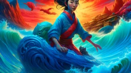 Mulan character surfing the ocean, Cybernate, Mandelbulb, Aura, Kidcore, Multidimensional, Baldurs Gate, Kirby, Coverflow image cover art, Promotional image cover art, candid shot portrait, Archetypal Engine, Weta Digital, careful detail, super detailed, Surrealistic lighting, Intimate lighting