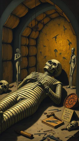 The mummy laying in his death chamber Howling in Bosch painting style