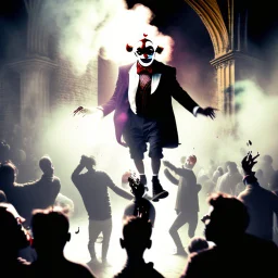 many clowns begin to throw bottles filled with an unknown liquid into the people crowd inside the gloomy church, lot of smoke