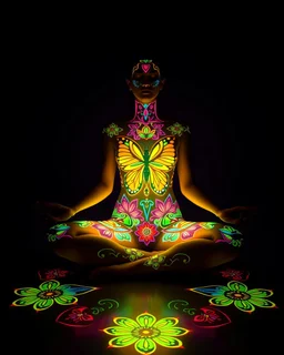 Woman sit down meditation pose full body all to the feet woman body painting patterns flower,patterns butterfly painting art glowing in the dark vibrant fluorescent neon bright light colors,black room background