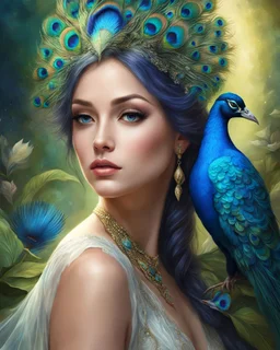 a beautiful woman with a peacock on her shoulder, beautiful fantasy art portrait, beautiful fantasy painting, beautiful fantasy portrait, fairy cgsociety, exquisite digital illustration, detailed realistic beautiful, very beautiful fantasy art, stunning cgsociety, gorgeous digital painting, beautiful character painting, realistic cute girl painting, stunning 3d render of a fairy, highly detailed digital painting