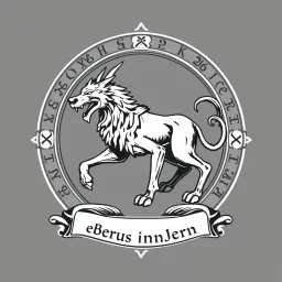 perro cerbero estilizado antiguo con un marco elegante con runas y el nombre "cerberus custos infernis" en la base, todo en escala de grises, nada de color,