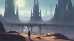 skinny sci-fi girl with long dark hair on an alien planet with tall spires, buildings, bridges, and arches
