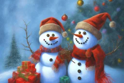 Impressionism, acrylic paint, pastel colors, christmas scene, 1 snowman, christmas tree, christmas lights, wreath, presents,