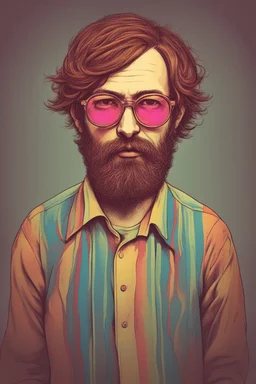 post punk hippie with glasses of colours and poor and short short short and poor hair on the head with receding hairline. Farsightedness glasses with big eyes. Shirt beard in the head. Vintage look and feel like photo style-of the 70s