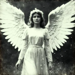 appearing angel [vintage style noisy scratches glitches, Shot the texture and then rewound the film and double exposed from a 1970 B series movie]