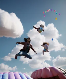 Ultra realistic speed clouds sky scene, wide angle view, sweet childs falling down, inflatable color clothing, free jumping flying, many trinkets, hair monster, many jelly beans, balls, color smoke, smile, happy, circus style, extreme, wind, clouds sea, 20,000 feet altitude, stratosphere, soft color, highly detailed, unreal engine 5, ray tracing, RTX, lumen lighting, ultra detail, volumetric lighting, 3d, finely drawn, high definition, high resolution.