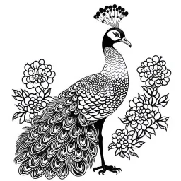 white, A peacock perched on a branch., coloring book, vector, white background, outline, with images neatly contained within the background, just black and white color, full body, no color.