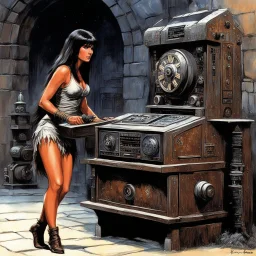 [art by Ray Harryhausen] a youthful Caroline Munro cautiously approaches the weathered and worn console, the most clever ordinateur in the universe. The once gleaming machine now bears the marks of time, covered in a layer of rust and dust that speaks of ages past. Despite its aged appearance, the user is granted access to a realm of knowledge and possibilities beyond her wildest dreams. The power and intelligence contained within this ancient ordinateur are shrouded in mystery, its mechanisms