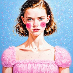 Pointillism painting of Mia goth, Cotton candy dress,rosy cheeks