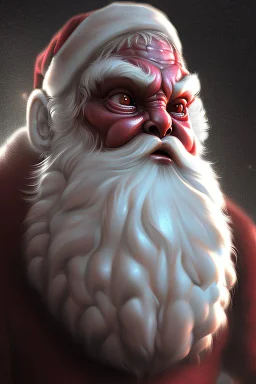 Alien Santa Claus, realistic shaded perfect face, fine details, very dark environment, misty atmosphere, closeup, fantasy, intricate, elegant, highly detailed, digital painting, artstation, concept art, matte, sharp focus, illustration,