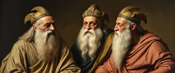master oil painting by Rembrandt realistic rendering Portrait of the Apkallu sages who were sent by the god Ea to teach civilization to humanity before the flood. They were depicted as half-human and half-fish or bird, and were associated with wisdom, magic, and culture.