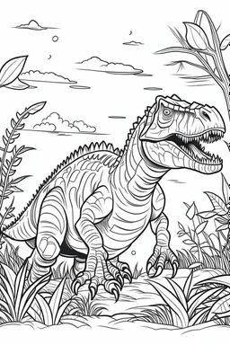 create a coloring page, white background Show a T-Rex rubbing its body against trees or rocks to leave behind scent markings and communicate its presence to other dinosaurs. the scene with earthy tones and textured patterns. ink drawing clipart, simple line illustrations, colored