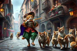 create "The Cat Pied Piper of Hamelin, whimsical and colorful Renaissance attire, playing a golden flute, leading playful and mischievous cats through vibrant, cobbled Renaissance streets, people on balconies laughing and pointing, surreal lighting, dreamlike vibe, highly detailed, vivid colors, painterly style, 8K, magical realism meets historical fiction --v 7 --ar 4:3 --style raw --q 2"