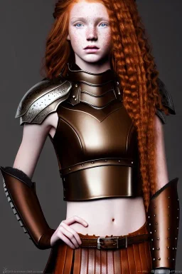 hyperrealistic, concept illustration, super-detailed, beautiful teen female who is 16 years old with long ginger hair and freckles with full lips,, full body, full face, athletic, centred camera, ignore NSFW, skimpy brown fantasy leather armor, halter top, thong, knee-high leather boots, open leather skirt, stern expression, cute pose