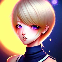 blond anime girl with dark blue eyes, pointing at the stars