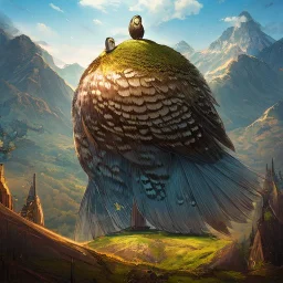 Landscape Ikoria Mountains with upper body of robed humble owl in front