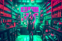 full-height shot of a young witch in a tight black short skirt, inside a large magic shop, shelving, bottles, windows