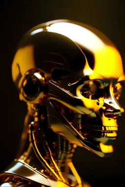 haz la cabeza de un robot mirando hacia la izquierda con sus ojos iluminados de oro y una tonalidad de foto dorada, la foto de mas lejos