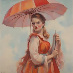 A woman with long hair, with an umbrella the circus, 1950s, red, orange, pink