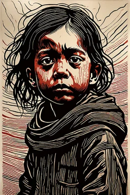 create an abstract, deeply powerful tragic and evocative, full body color woodcut of a raw and weathered young refugee child with highly detailed and deeply cut facial features, lost in a horrific post apocalyptic Gaza, in the style of KATHE KOLLWITZ , searing lines and forceful strokes