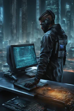 cyberpunk programmer black_Cat-human hybrid_Typing_on_computer_background binary codes, surrounded_by_mindent_3D_binary matrix codes and neutron mesh_etheral, Paranoid_sci-fi_in background_a_tall_cyberpunk_city, the cat hacker watchings monitor, Hyperrealistic texture, high detail, Sinister, cold dynamic lighting, dark-neon colors, Ultra_HD_intense_focus