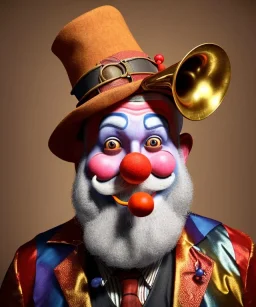 happy and funny old friendly clown with round head and trimmed beard playing jazz with a steampunk theme, trumpet on mouth, carnival, dreamy