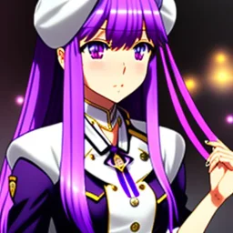  A tall beautiful anime teenage girl with short lilac-colored hair and violet eyes and a big chest. She wears the standard female school uniform, with her accessories being a black beret on her head with a gray ribbon connected to it and a white pair of stockings with garter belts.
