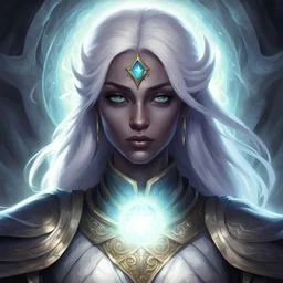 Generate a dungeons and dragons character portrait of the face of a female cleric of peace aasimar that looks like a drow blessed by the goddess Selune. She has black hair and glowing eyes and is surrounded by holy light