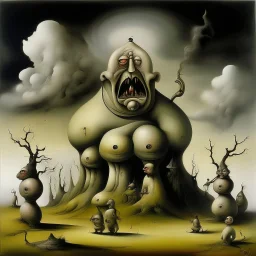 Surreal sinister, Style by Yves Tanguy, Dante's third level of hell = GLUTTONY, symbolic art, massively obese non-human radical bio deformity, Expressionism