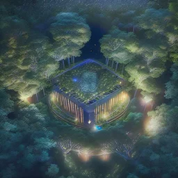 top view a open top huge library in forest with mystic fireflies around trees that have wide leaves and broad trunked at night with moonlight.