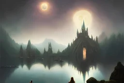 Raya Lucaria, academy, space, Elden ring, majestic painting masterpiece, rich detail, on rock pillar, lake in front, hogwarts castle,dragons, mist, lumen reflection, Nerdrum, deep rich color, moon, moon light, church spire, divine light, Martin Wittfooth, Mandy Jurgens