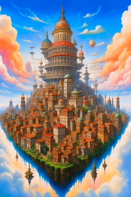 A traditional painting of a city in the sky