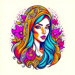 trippy logo design of a beautiful persian female drawings in colorful ink vector images, floral, 3d, beautiful pattern, bunchy