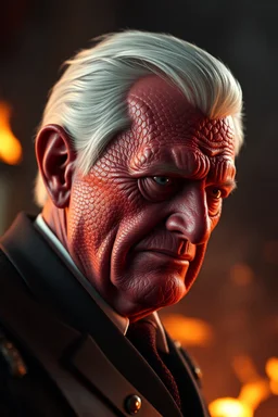 President Jimmy Carter , red skin, scales, unreal engine 6, high detail, intricate, cinematic. photoshoot style, intricate, studio lighting, masterpiece , highly detailed, 8k, best quality, fire, smoke, dramatic,d,<lora:mshn:0.7>,<lyco:Warrior_Couture:0.5>,