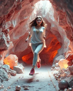 make a picture pretty crystal cave covered with jwells and 3d recursive cubic and sphere base pearls and Gemstone species, a beautiful goddess lady with curvy hair,makeup, in pretty modern today pants and loose shirt with jewels and sport shoes is running inside cave ,dynamic camera fallow her inside cave capturing full body, dynamic lights.